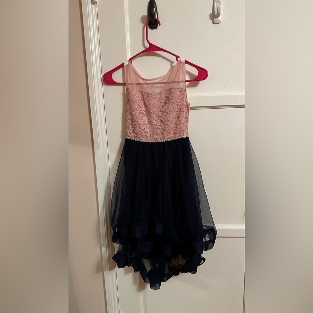 Kids Pink and Dark Blue High Low Formal Dress